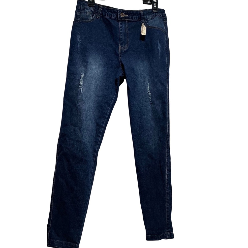 HME Women Dark Wash Distressed Skinny Jeans Button Cuff Detail Blue XL 3285